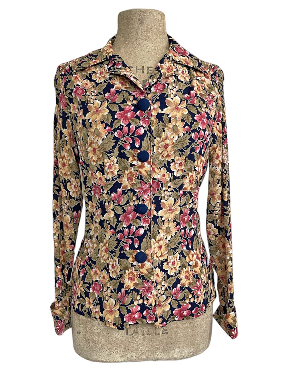 Navy Antique Floral 1940s Button Up Hepburn Blouse