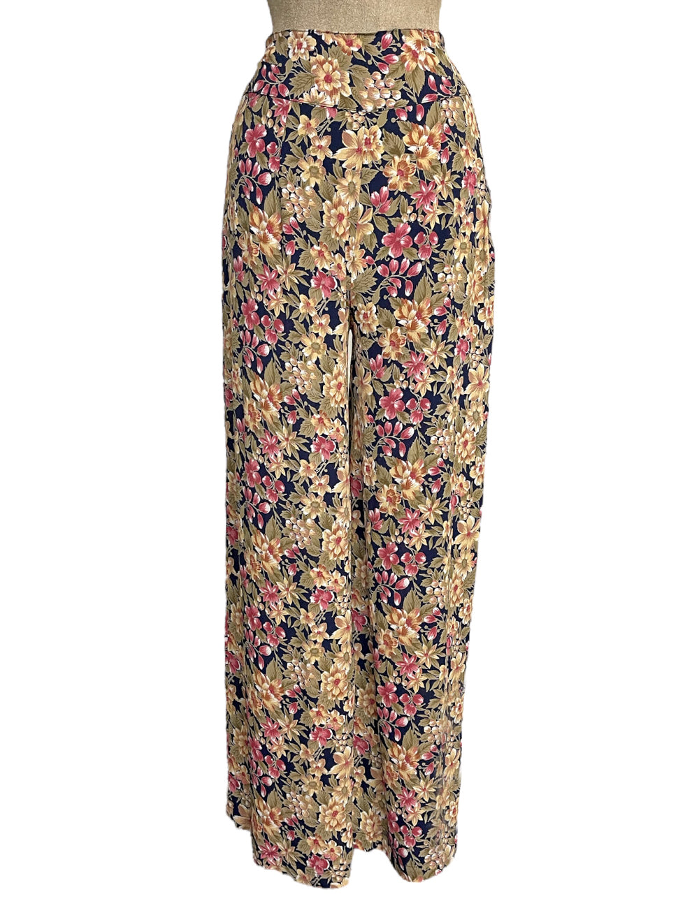 Navy Antique Floral 1940s Style High Waisted Palazzo Pants