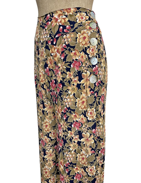 Navy Antique Floral 1940s Style High Waisted Palazzo Pants