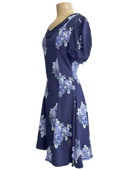 Navy Blue Corsage Floral 1930s Style Venice Beach Swing Dress