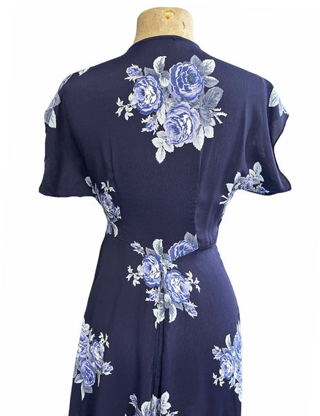 Navy Corsage Floral Cascade Wrap Dress