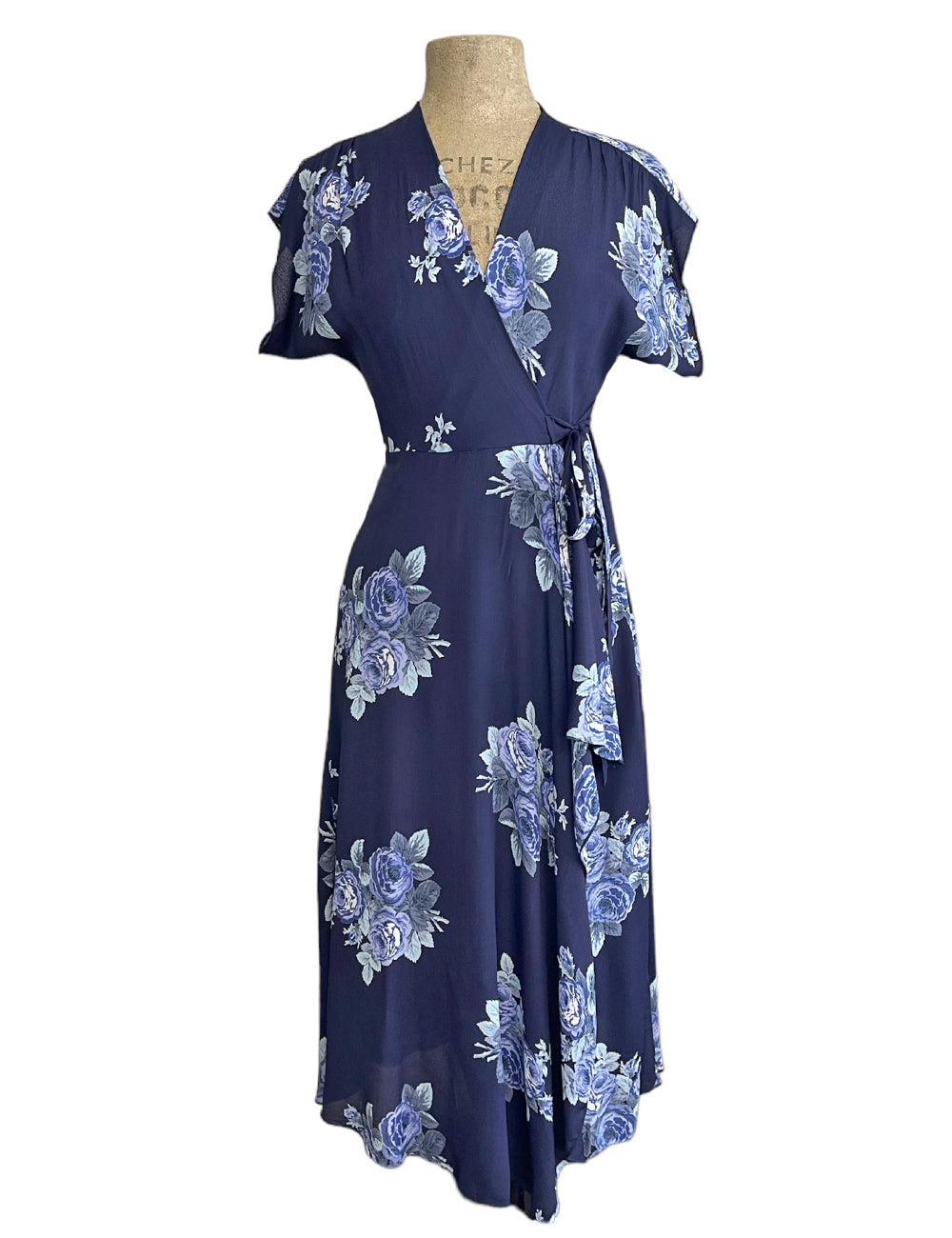 Navy Corsage Floral Cascade Wrap Dress