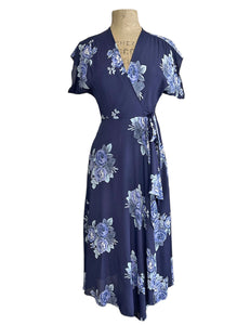 Navy Corsage Floral Cascade Wrap Dress