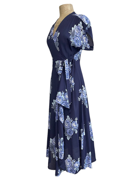 Navy Corsage Floral Cascade Wrap Dress