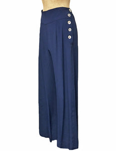 Solid Navy 1940s Style High Waisted Palazzo Pants