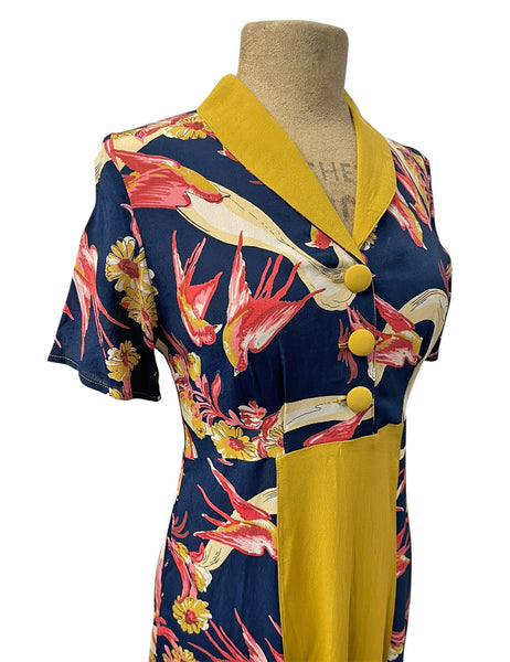 SAMPLE - Navy Swallows with Mustard Contrast Day Dress - Size Small