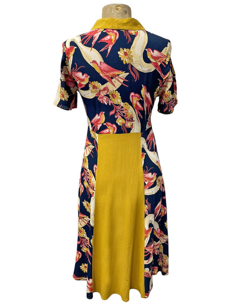 SAMPLE - Navy Swallows with Mustard Contrast Day Dress - Size Small