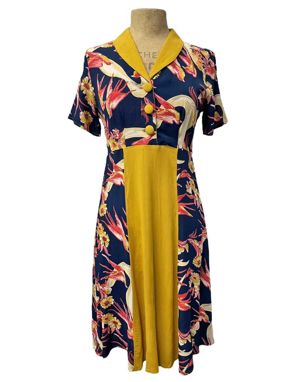 SAMPLE - Navy Swallows with Mustard Contrast Day Dress - Size Small