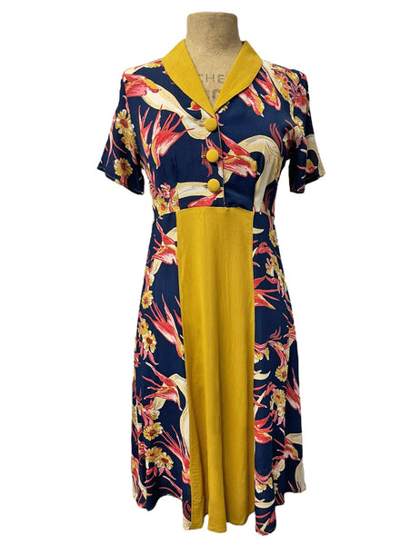 SAMPLE - Navy Swallows with Mustard Contrast Day Dress - Size Small