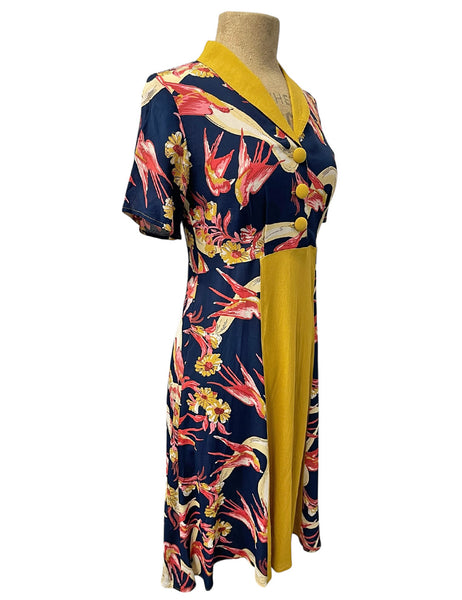 SAMPLE - Navy Swallows with Mustard Contrast Day Dress - Size Small
