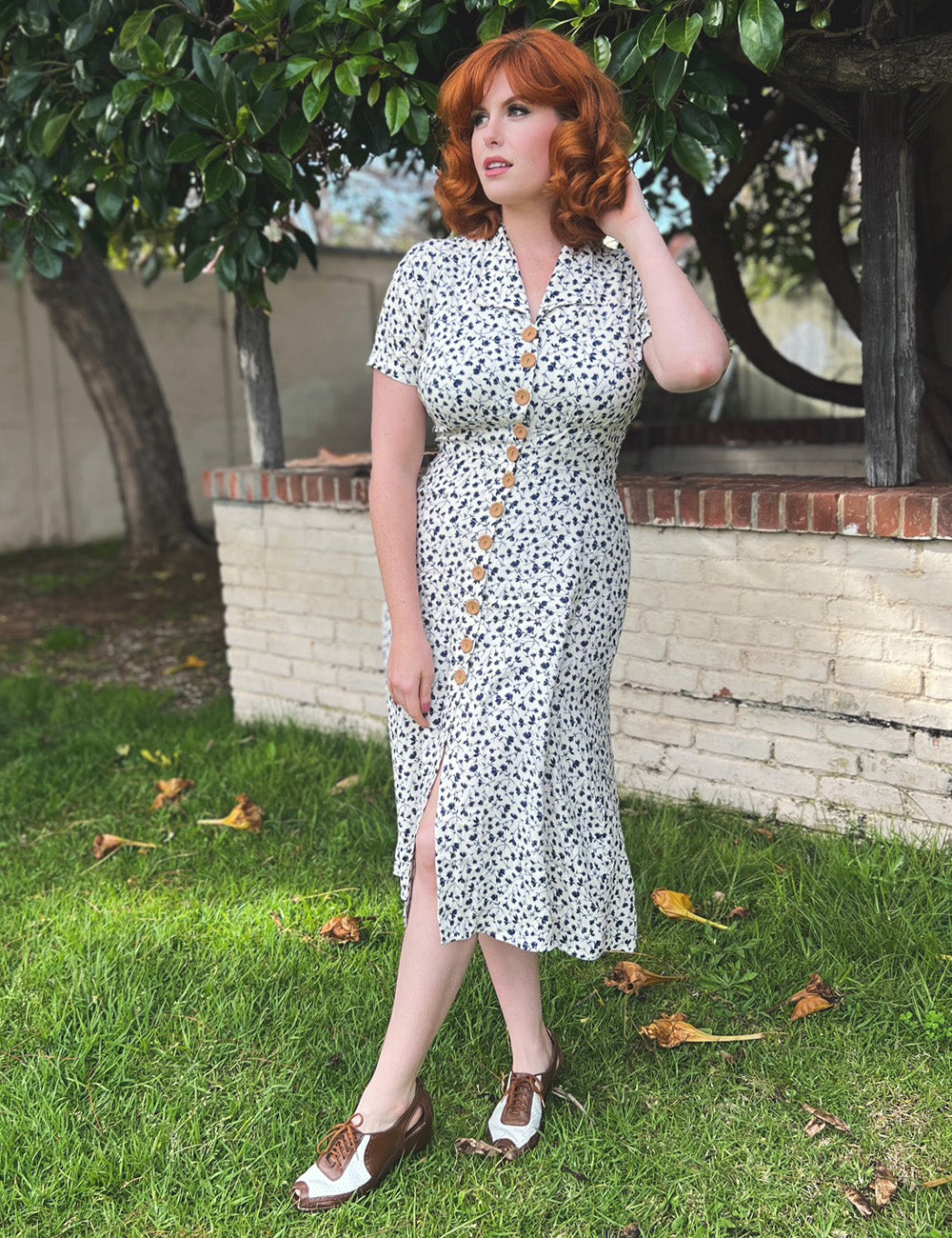 Navy & Cream Vintage Ceramic Floral Button Up Margie Dress