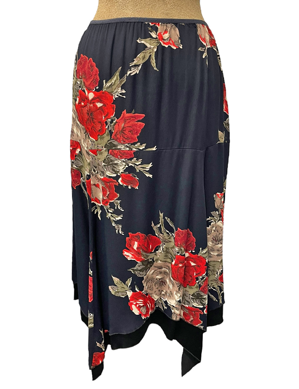 Navy & Red Roses Handkerchief Hem Sample Skirt