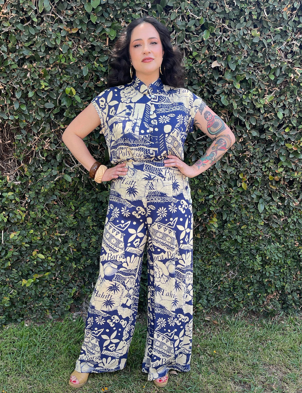 Blue South Seas Print Soft Rayon High Waisted Palazzo Pants