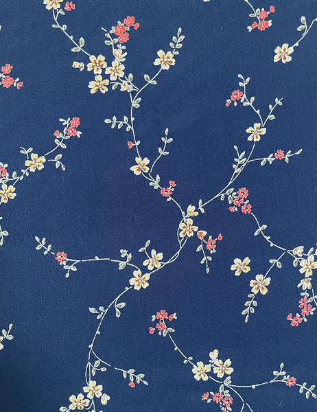 Navy Vine Floral Rayon Crepe Fabric - 2 Pieces