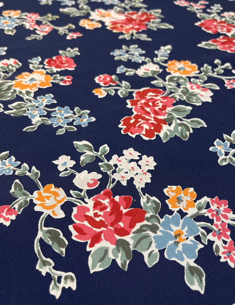 Navy Vintage Floral Rayon Crepe Fabric - 1 yd