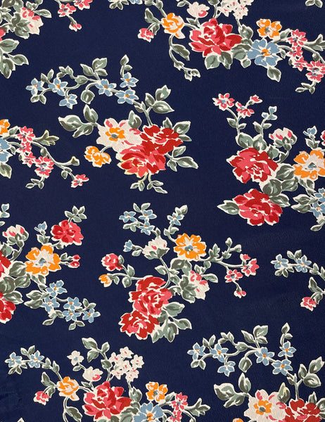 Navy Vintage Floral Rayon Crepe Fabric - 1 yd