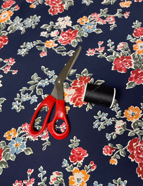 Navy Vintage Floral Rayon Crepe Fabric - 1 yd