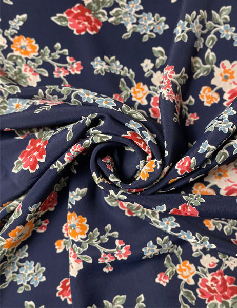 Navy Vintage Floral Rayon Crepe Fabric - 1 yd