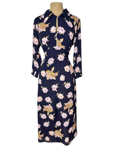 Navy Corsage Floral Long Sleeve Vintage Style Eleanor Dress – Loco Lindo