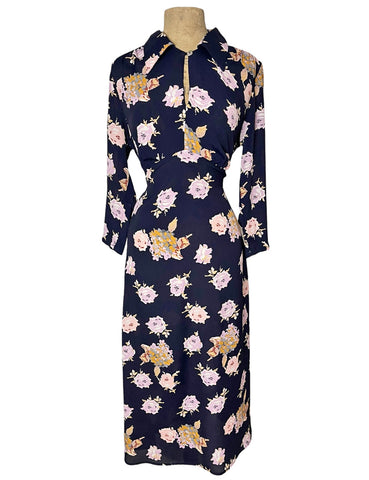 Navy Corsage Floral Long Sleeve Vintage Style Eleanor Dress