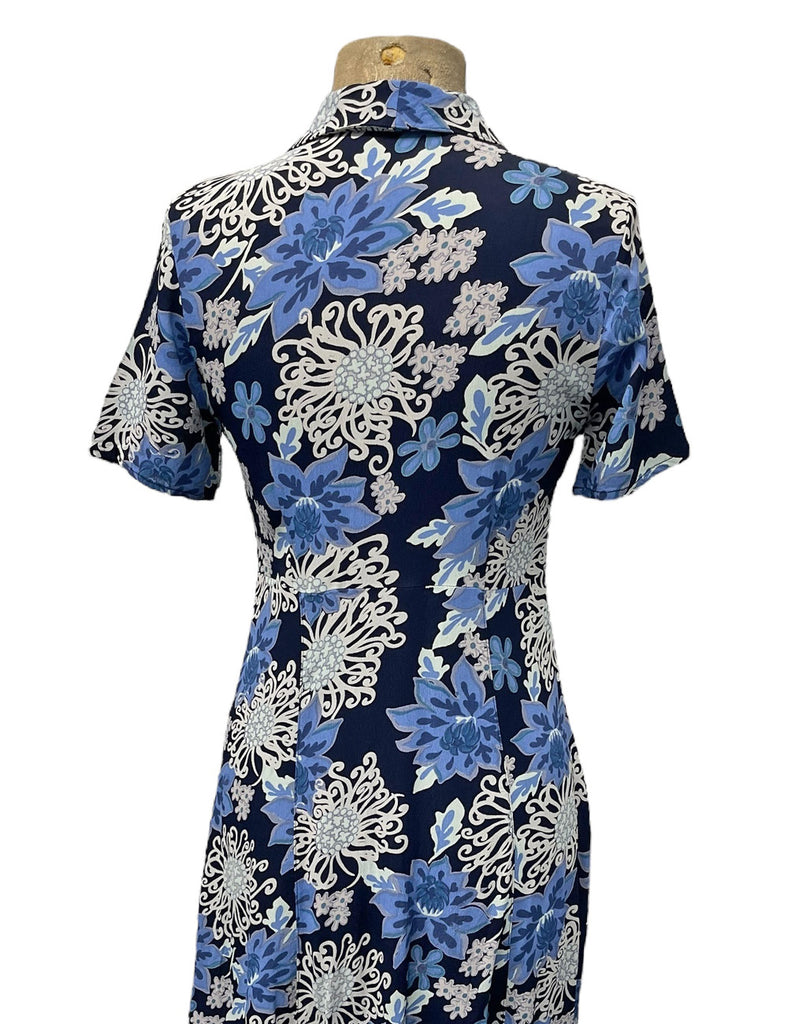 1940s Style Nouveau Blues Short Sleeved Day Dress 1940s Style Nouveau Blues Short Sleeved Day Dress