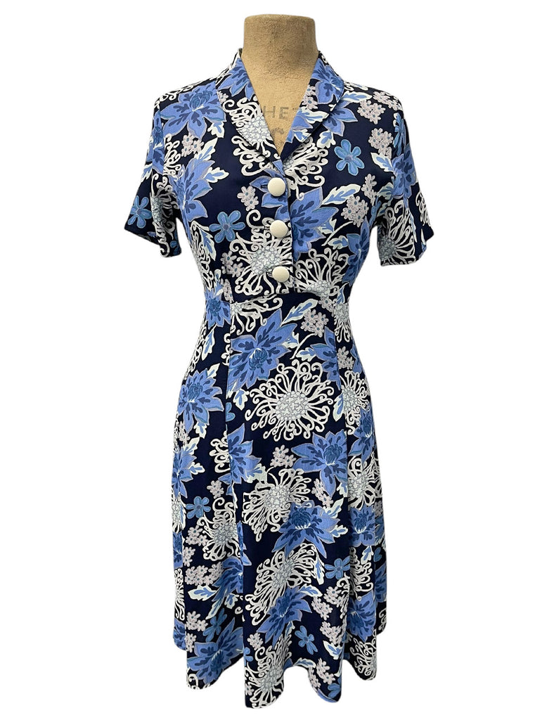 1940s Style Nouveau Blues Short Sleeved Day Dress 1940s Style Nouveau Blues Short Sleeved Day Dress