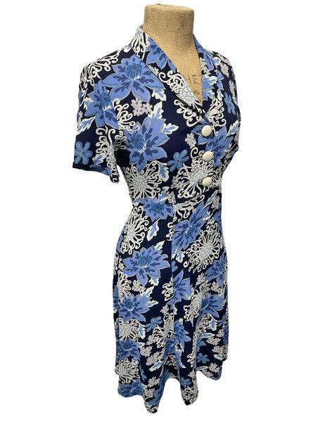 1940s Style Nouveau Blues Short Sleeved Day Dress