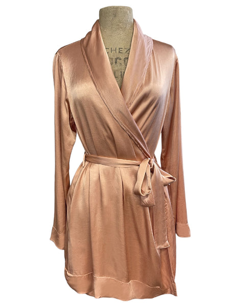 Peach Satin 1930s Elegant Shawl Collar Robe Blouse