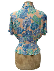 Peachy Lavender Blue Floral Vintage Style Button Up Betty Blouse