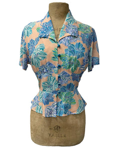 Peachy Lavender Blue Floral Vintage Style Button Up Betty Blouse