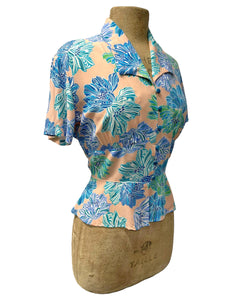 Peachy Lavender Blue Floral Vintage Style Button Up Betty Blouse