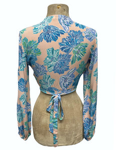 Peachy Lavender Blue Floral Babaloo Cropped Wrap Top