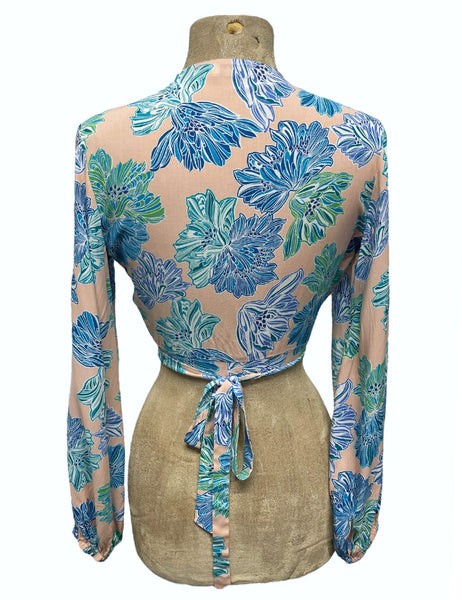 Peachy Lavender Blue Floral Babaloo Cropped Wrap Top