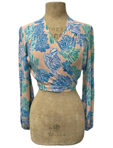 Peachy Lavender Blue Floral Babaloo Cropped Wrap Top