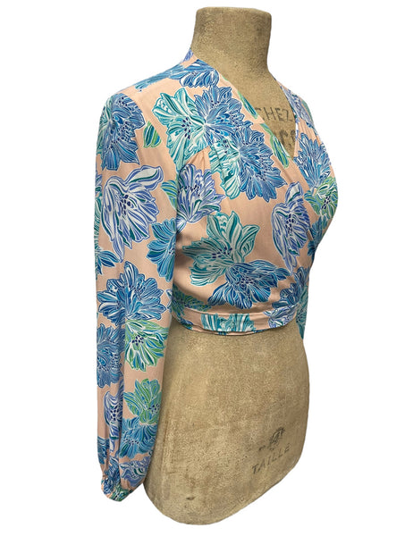 Peachy Lavender Blue Floral Babaloo Cropped Wrap Top