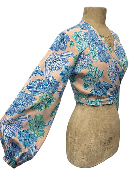 Peachy Lavender Blue Floral Babaloo Cropped Wrap Top