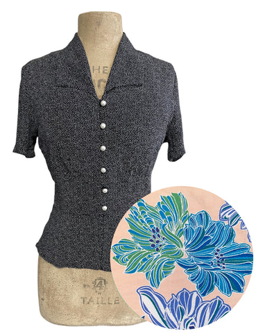 PREORDER - Peachy Lavender Blue Floral Vintage Style Button Up Betty Blouse