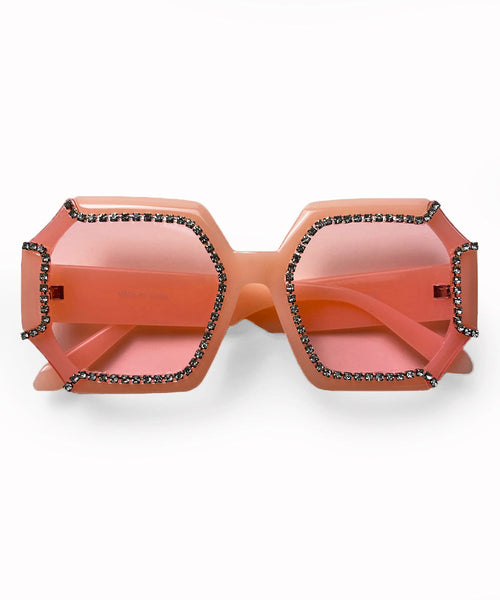 Peachy Pink 1970s Retro Rhinestone Oversized Sunglasses