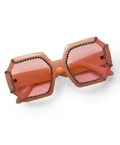 Peachy Pink 1970s Retro Rhinestone Oversized Sunglasses