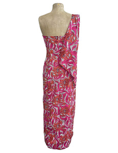 Pink & Orange Tiki Floral Print One Shoulder Luau Dress