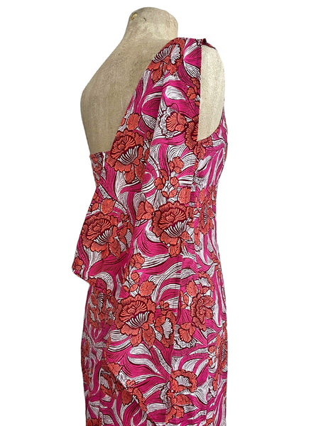 Pink & Orange Tiki Floral Print One Shoulder Luau Dress