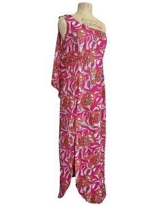 Pink & Orange Tiki Floral Print One Shoulder Luau Dress