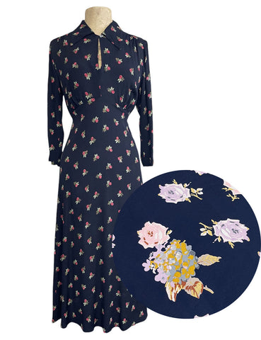 PREORDER - Navy Corsage Floral Long Sleeve Vintage Style Eleanor Dress