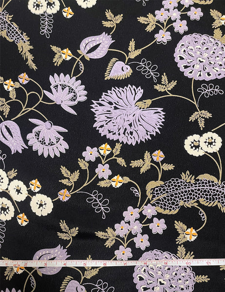 Black & Lavender Nouveau Floral Rayon Crepe Fabric - 1 & 2/3 yds