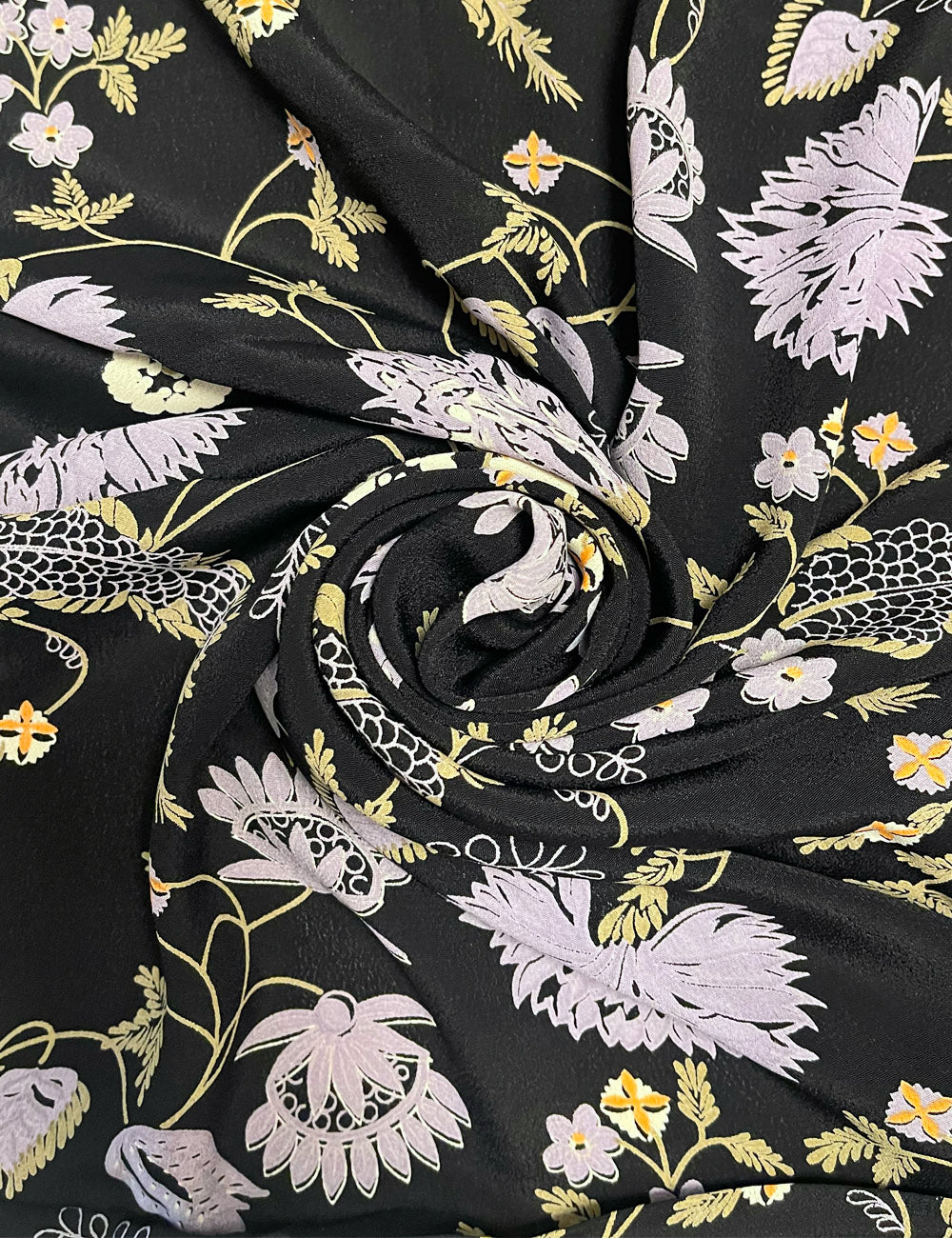 Black & Lavender Nouveau Floral Rayon Crepe Fabric - 1 & 2/3 yds