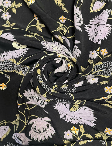 Black & Lavender Nouveau Floral Rayon Crepe Fabric - 1 & 2/3 yds