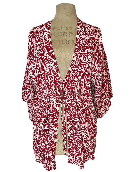 Red & White Nouveau Print Kimono Top - Size LG/XL