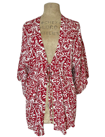 Red & White Nouveau Print Kimono Top - Size LG/XL