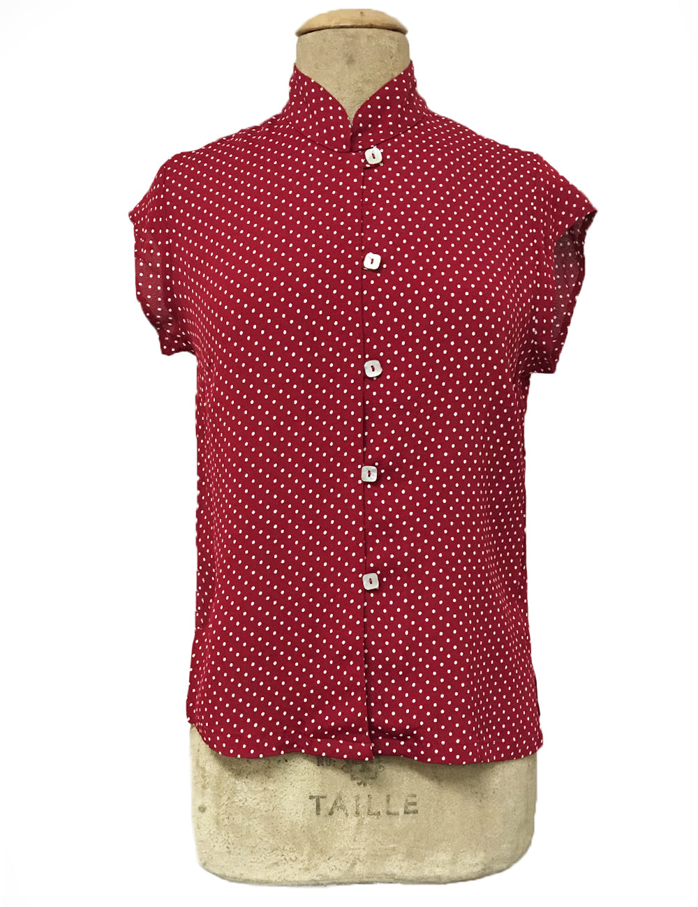 Red Hot Polka Dot Button Up Mandarin Collar Tea Timer Top