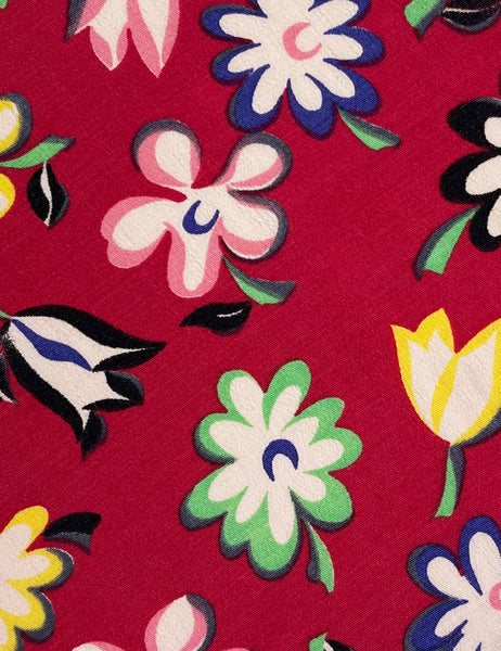 Raspberry Red 1940s Painted Petals Button Front Margie Dress